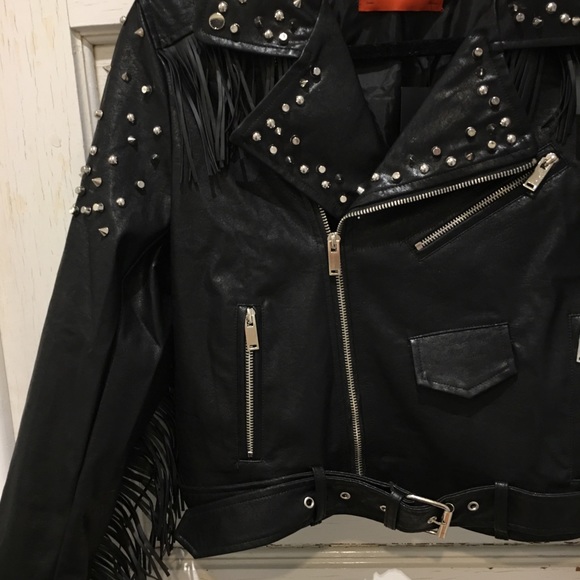 NWT • black faux leather studded/fringe jacket • - Picture 4 of 8